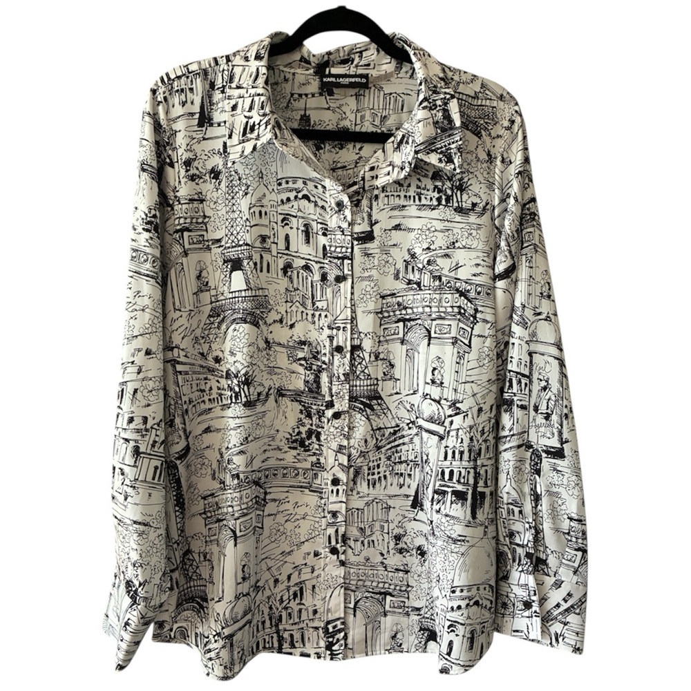 Karl Lagerfeld Black/White Paris Eiffel Tower Cityscape Button Down Blouse Top L